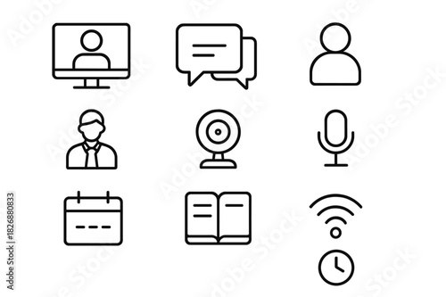 Online Class Icons. Online class. Line icon set of online class: computer screen, video call, chat bubble, student avatar, teacher icon, webcam, microphone,