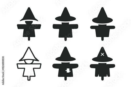 Scarecrow Hat Logos. Scarecrow Hat. Icon set. Set Logo of Scarecrow Hat: Pointed Top. harmonious logo variations of the same emblematic concept (Negative