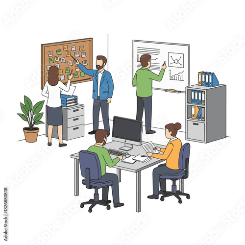 Diverse team of professionals collaborating and presenting ideas in a modern office environment