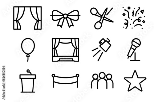 Grand Opening Icons. Grand opening event. Line icon set of grand opening event: curtain, ribbon, scissors, confetti, balloon, stage, spotlight, microphone,
