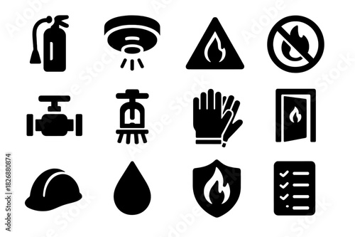 Fire Safety Icons. Fire prevention. Solid icon set of fire prevention: fire extinguisher, smoke alarm, warning sign, no flame symbol, gas valve, sprinkler
