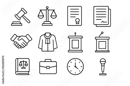 Legal Icon Set. Legal arbitration. Line icon set of Legal arbitration: gavel, balance scales, legal document, contract, handshake, judge robe, courtroom