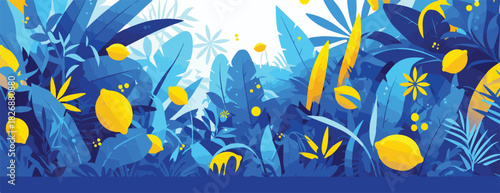 Ilustración vectorial vibrante de limones amarillos flotando entre frondosa vegetación tropical azulada.