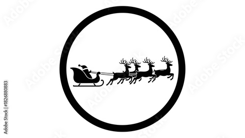 Santa Claus riding in his sleigh pulled by reindeer, a classic Christmas symbol in a black and white circle