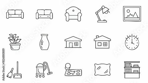 Collection of hand drawn line art icons representing home interior objects and cleaning supplies furniture