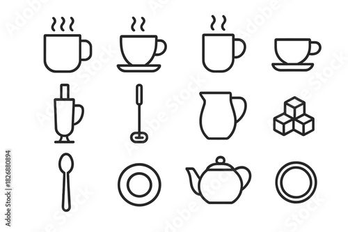 Hot Drink Icons. Hot drink set. Line icon set of Hot drink set: coffee mug, tea cup, cocoa mug, espresso cup, latte glass, frother, milk jug, sugar cube,