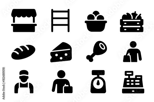 Indoor Market Icons. Indoor market. Solid icon set of Indoor market: stall, shelf, fruit basket, vegetable crate, bread, cheese, meat, fish, vendor, customer,