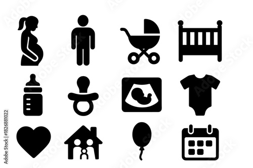 Family Preparation Icons. Family preparation. Solid icon set of Family preparation: pregnant mother, father, baby stroller, crib, baby bottle, pacifier,
