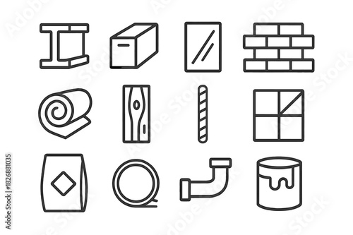 Building Material Icons. Building materials. Line icon set of Building materials: steel beam, concrete block, glass panel, brick, insulation, wooden plank,