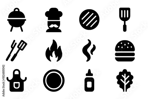 Black Barbecue Icons. Backyard barbecue. Solid icon set of Backyard barbecue: grill, chef, burger patty, spatula, tongs, flame, smoke, hamburger bun, apron,