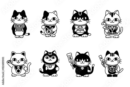 Collection of Cute Cartoon Cats in Various Outfits and Poses.
