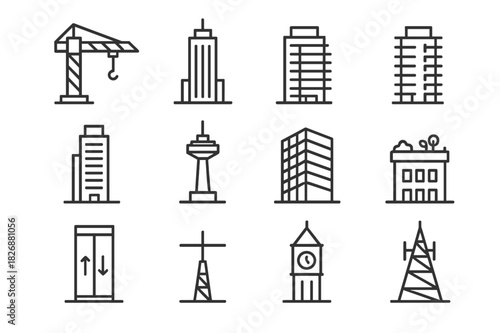 High-Rise Construction Icons. High-rise construction. Line icon set of High-rise construction: construction crane, skyscraper, office building, residential