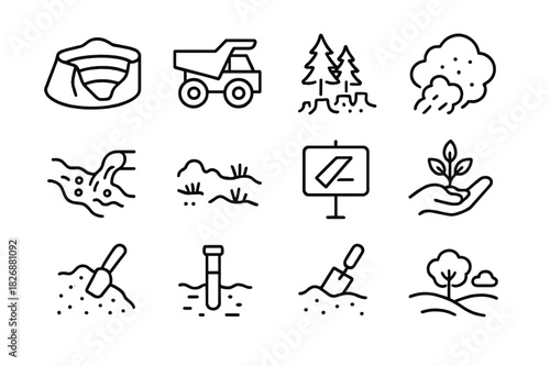Mining Impact Icons. Environmental impact of mining and reclamation efforts. Line icon set of environmental impact of mining and reclamation efforts: open pit