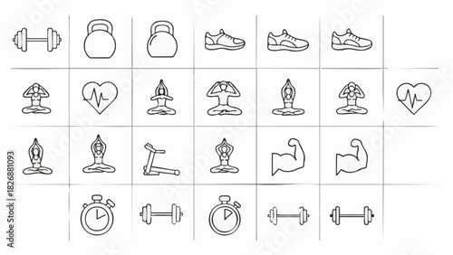 Collection of line art icons for fitness and health including dumbbells kettlebells yoga poses running shoes heartbeat and stopwatch