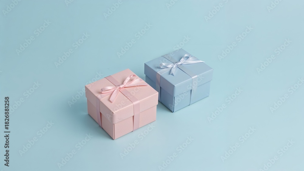 Obraz premium Two gift boxes, one pink and one blue, wrapped with ribbons, placed on a light blue background.