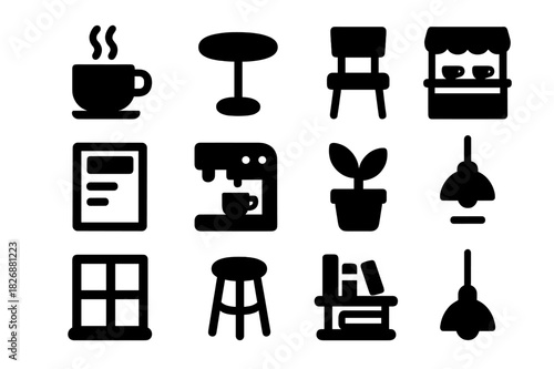 Coffee Shop Icons. Coffee shop environment. Solid icon set of Coffee shop environment: coffee cup, table, chair, counter, menu board, espresso machine, plant,