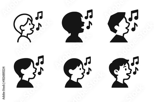 Singing Lessons Logos. teaching singing to children and youth. Icon set. Set Logo of teaching singing to children and youth: music notes and happy child