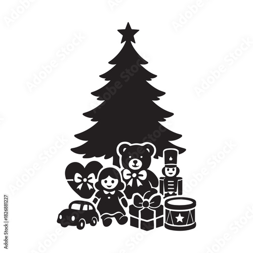 Black silhouette graphic of a festive Christmas tree surrounded by traditional children's toys and holiday presents