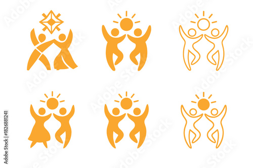 Summer Solstice Icons. summer solstice celebration and decor ideas. Icon set. Set Logo of summer solstice celebration and decor ideas: dancing figures.