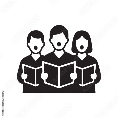 A simple black and white icon depicting a choir of three singers performing together from songbooks, representing chorus and vocal harmony