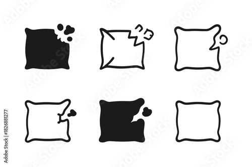 Ragged Pillow Logos. ragged pillow. Icon set. Set Logo of ragged pillow: torn corner with cotton tufts. harmonious logo variations of the same emblematic