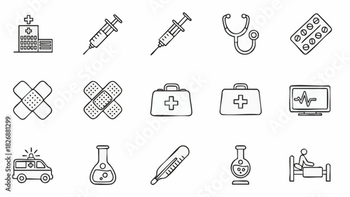 Hand drawn medical icons hospital syringe stethoscope pills bandages first aid kit healthcare clinic