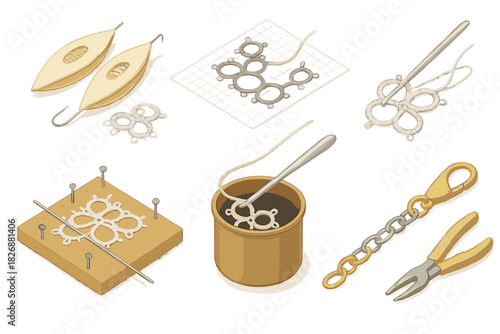 Isometric tools and steps for tatting lace making and jewelry finishing