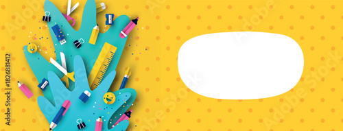 Back to school vector design with cute paper cut school supplies and text space on a yellow polka dot background