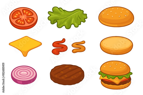 Assortment of fresh and cooked ingredients for building a perfect cheeseburger or sandwich