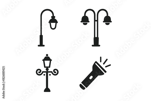 Black silhouette icons for various lighting fixtures including streetlights and torch