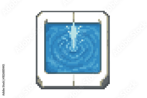 Retro style square fountain with a vertical water jet and concentric ripples on the surface