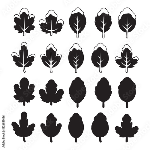 Variety of stylized leaf silhouettes and outlines with snow caps