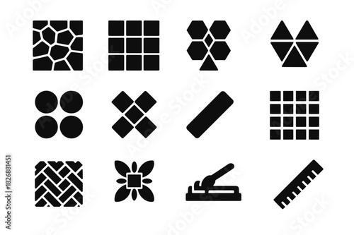 Black Tile Icons. Patterned floor. Solid icon set of Patterned floor: mosaic tile, square tile, hexagon tile, triangle tile, circle tile, diamond tile, grout