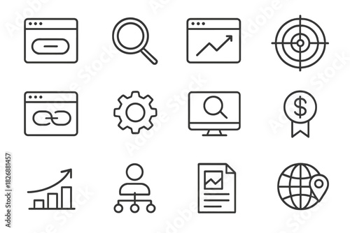 Minimal black and white symbols representing search engine optimization, digital marketing, and web analytics concepts