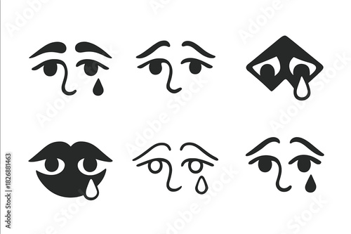 Sad Eyes Icons. sad eyes. Icon set. Set Logo of sad eyes: single tear on cheek. harmonious logo variations of the same emblematic concept, each with different