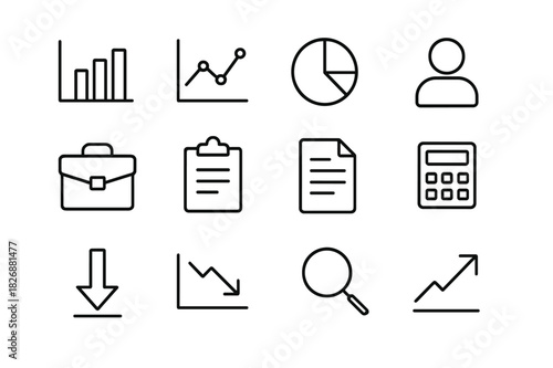 Employment Icon Set. Employment overview. Line icon set of Employment overview: bar chart, line graph, pie chart, person silhouette, briefcase, clipboard,