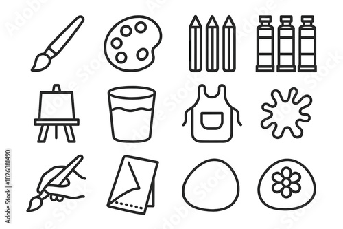 Creative Art Tools. Creative art tools. Line icon set of Creative art tools: paintbrush, palette, colored pencils, paint tubes, easel, water cup, artist apron,