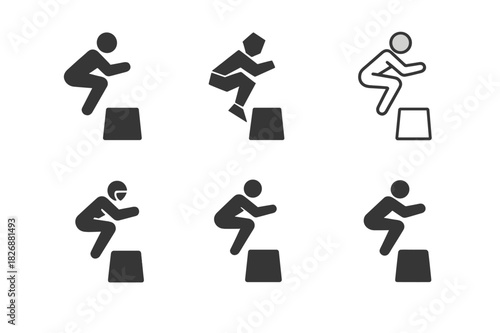 Plyometric Logo Variations. plyometrics. Icon set. Set Logo of plyometrics: athlete performing box jump. harmonious logo variations of the same emblematic