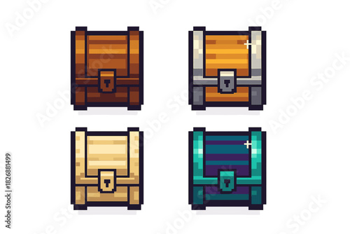 Collection of four closed wooden treasure chests in various colors, classic pixel art style