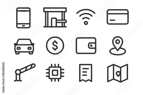 Smart Road Payment Icons. Smart road payment. Line icon set of smart road payment: smartphone, toll gate, NFC signal, card, car, coin, wallet, GPS, road