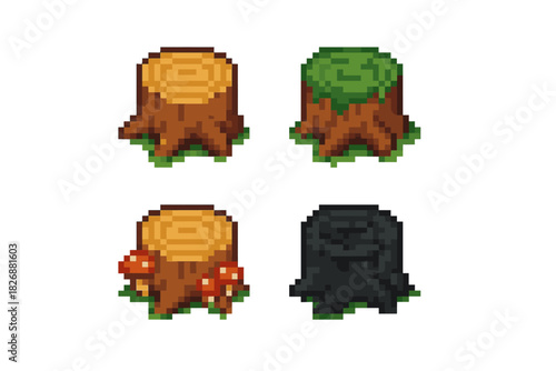 Collection of four stylized forest tree stumps with moss and mushrooms in pixel art style