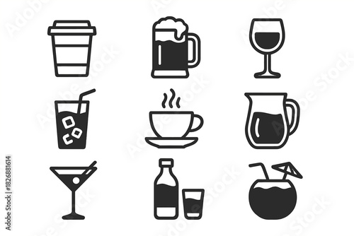 Minimalist icons set depicting common hot, cold, and alcoholic beverages