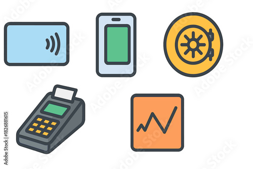 Financial technology icons set including contactless payment card mobile banking and secure vault symbols