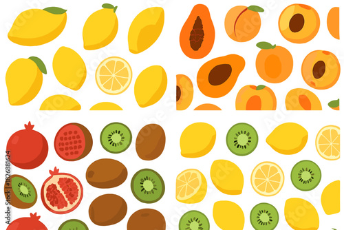 Seamless pattern of colorful tropical and citrus fruits including lemon, kiwi, mango, and papaya