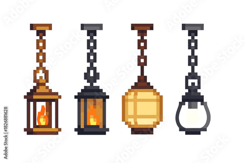 Four different hanging pixel art lanterns and lamps on chains for game assets