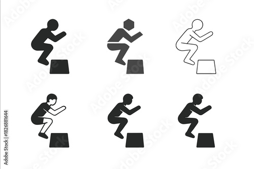 Plyometric Logo Variations. plyometrics. Icon set. Set Logo of plyometrics: athlete performing box jump. harmonious logo variations of the same emblematic