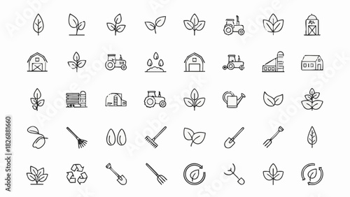 Collection of farm and nature icons including tractors barns leaves and gardening tools agriculture