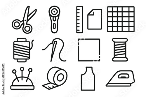 Fabric Cutting Tools Icons. Fabric cutting. Line icon set of fabric cutting: scissors, rotary cutter, ruler, cutting mat, thread, needle, fabric square, spool,