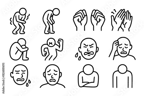 Distress Icon Set. Severe distress. Line icon set of Severe distress: writhing figure, bent-over posture, clenched fists, trembling hands, sweat drops,