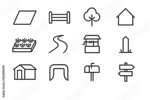Plot Line Icon Set. Plot. Line icon set of Plot: land parcel, fence, tree, house outline, garden bed, pathway, water well, boundary marker, shed, driveway,